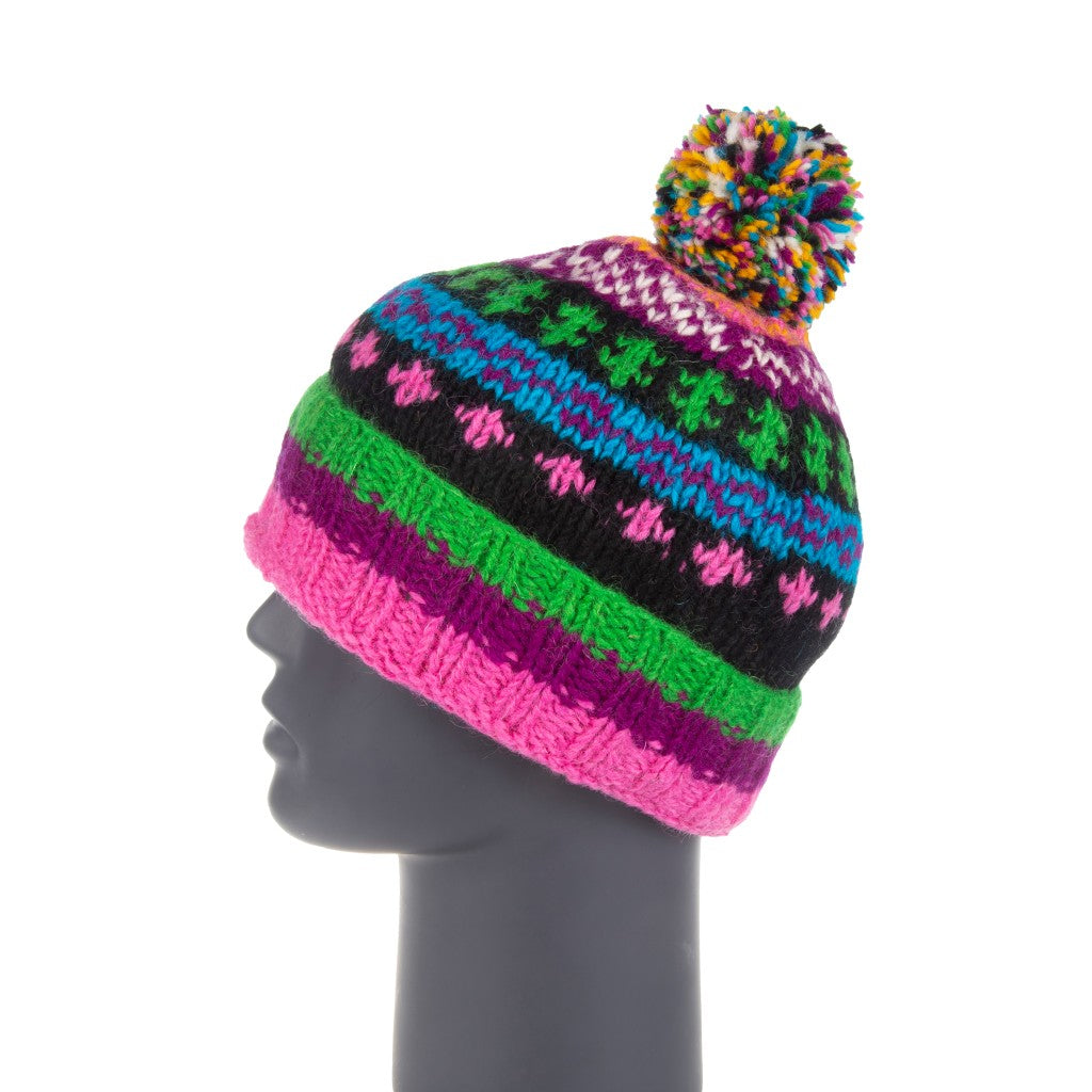 Hand Knitted Sherpa Lined Pnk/ Purp/Green Pom Pom Hat