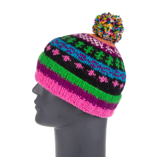 Hand Knitted Sherpa Lined Pnk/ Purp/Green Pom Pom Hat