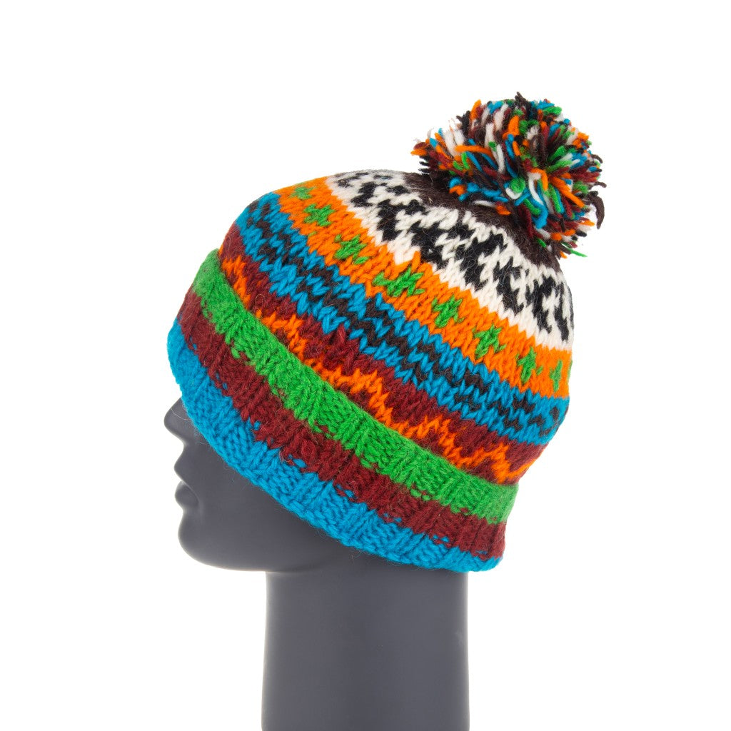 Hand Knitted Blue, Burgundy & Green Pom Pom Hat