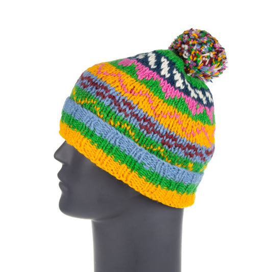 Hand Knitted Sherpa Lined Yllw/ Green/Blu Pom Pom Hat