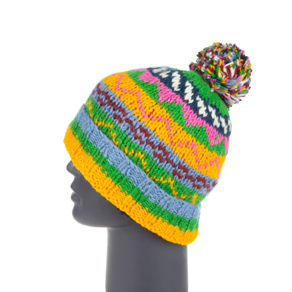 Hand Knitted Sherpa Lined Yllw/ Green/Blu Pom Pom Hat