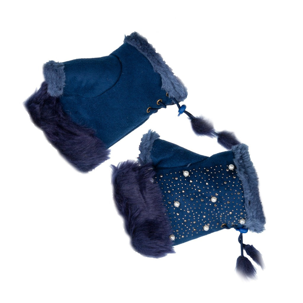 Fluffy Trim & Silver Sequins Fingerless Blue Gloves