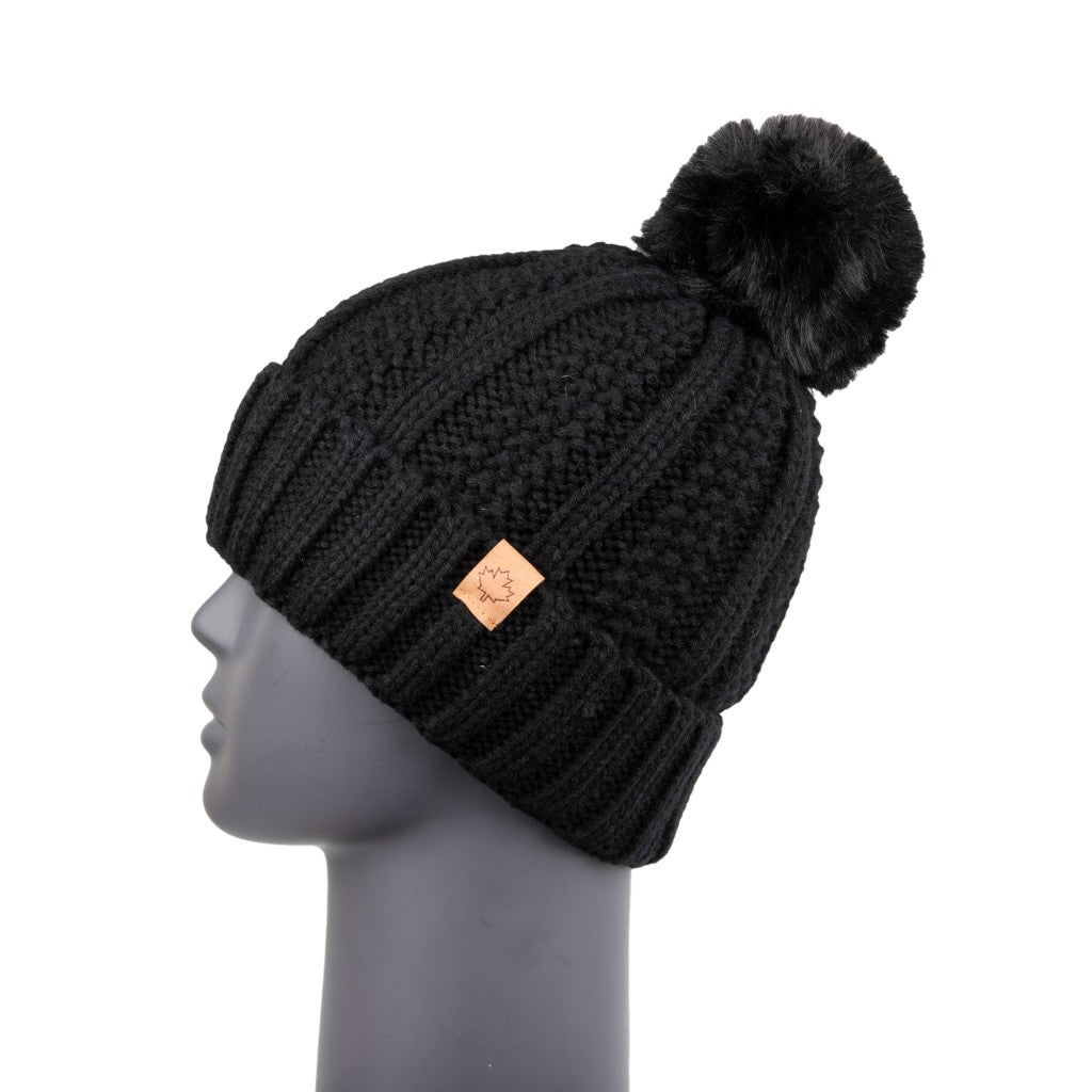 Ribbed Knit Beanie with Detachable Bobble Black