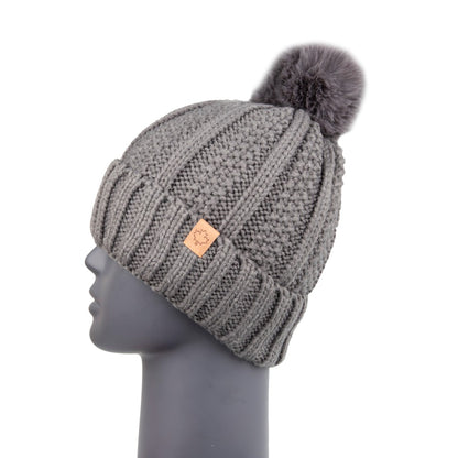 Ribbed Knit Beanie with Detachable Bobble Grey