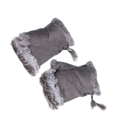 Fluffy Trim Fingerless Grey Gloves