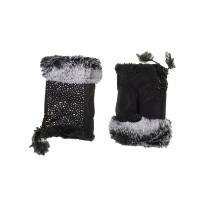 Fluffy Trim & Silver Sequins Fingerless Black Gloves