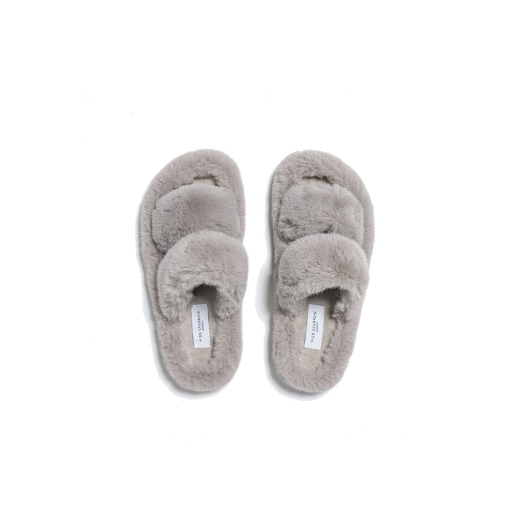 Miss Sparrow Double Strap Fluffy Grey Slippers