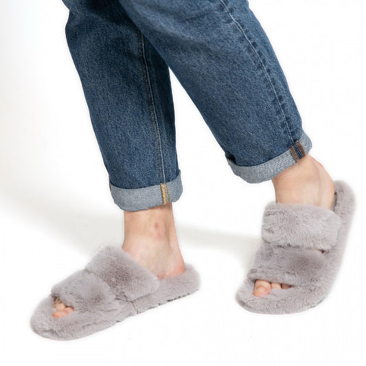 Miss Sparrow Double Strap Fluffy Grey Slippers