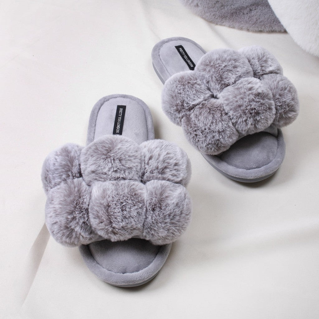 Pretty You London Grey Pom Pom Slippers