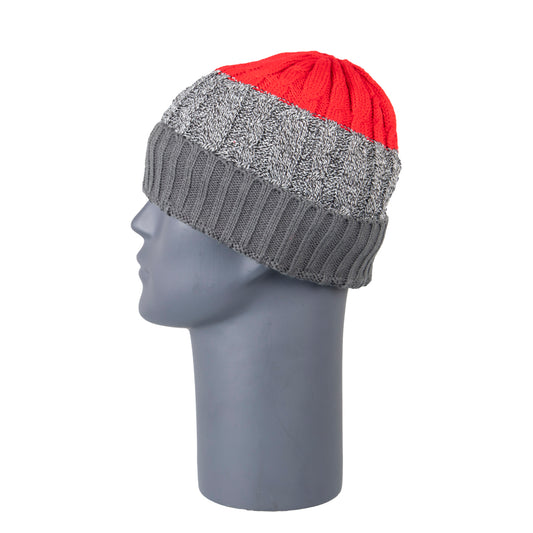 Cable Knit Red & Grey Stripe Beanie