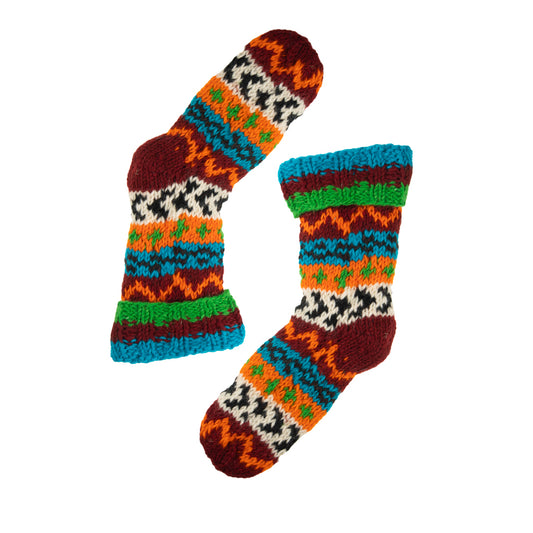 Hand Knitted Long Fleece Lined Burgundy Toe Socks