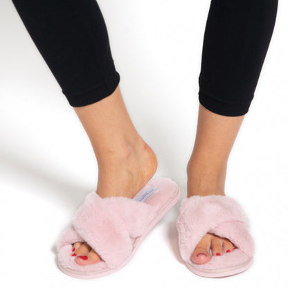 Miss Sparrow Crossover Strap Fluffy Pink Slippers