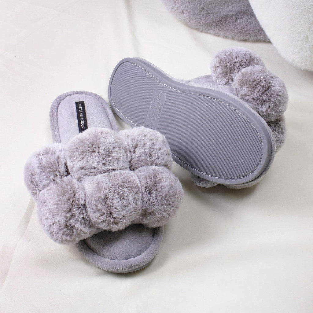 Pretty You London Grey Pom Pom Slippers