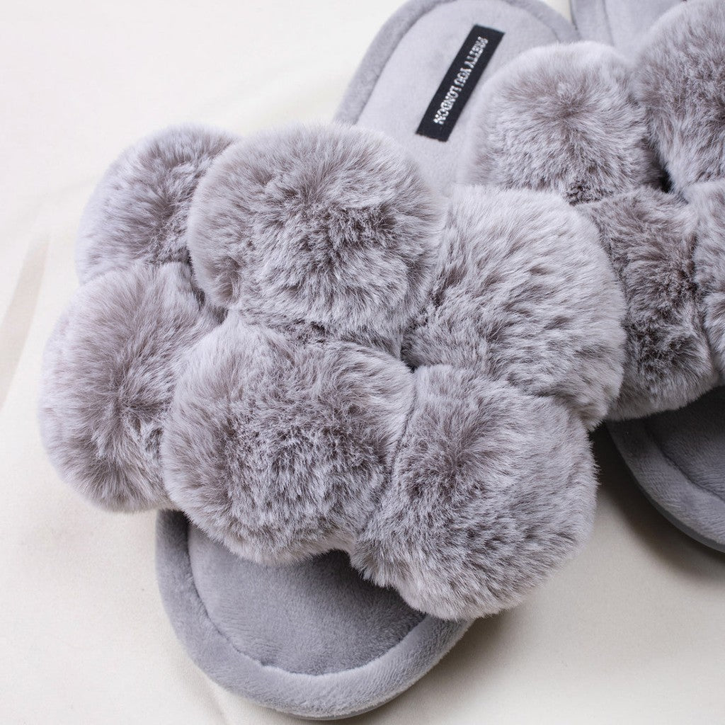 Pretty You London Grey Pom Pom Slippers