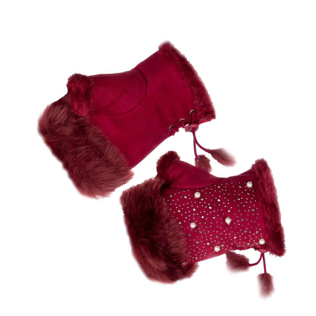 Fluffy Trim & Silver Sequins Fingerless Red Gloves