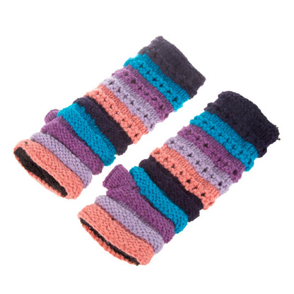 Hand Knitted Ribbed Knit Blue, Purple & Pink Handwarmers