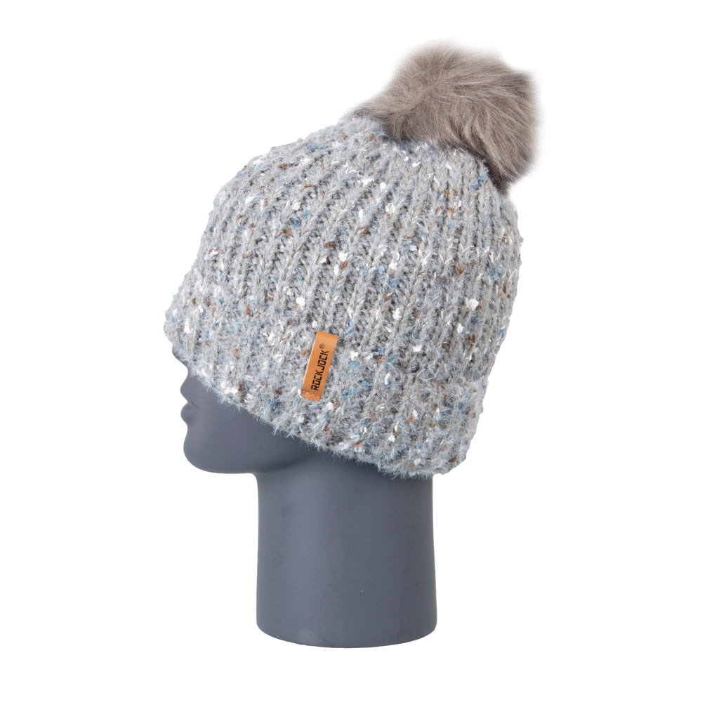 Rib Knit Speckled Grey Bobble Hat