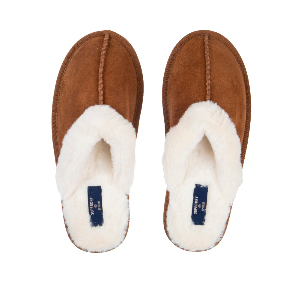 Superdry Fluffy Trim Tan Suede Mule Slippers