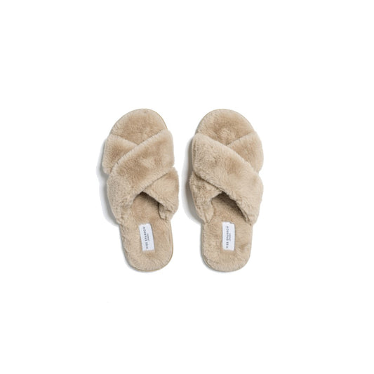 Miss Sparrow Crossover Strap Fluffy Warm Stone Slippers